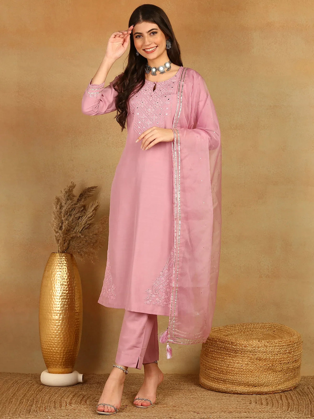 Women Pink Silk Blend Solid Yoke Design Straight Kurta Trouser With Dupatta-PKSKD2501PNK