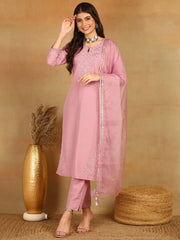 Women Pink Silk Blend Solid Yoke Design Straight Kurta Trouser With Dupatta-PKSKD2501PNK