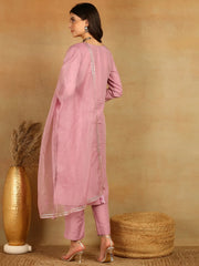 Women Pink Silk Blend Solid Yoke Design Straight Kurta Trouser With Dupatta-PKSKD2501PNK