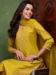Women Mustard Silk Blend Solid Yoke Design Straight Kurta Trouser With Dupatta