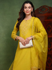 Women Mustard Silk Blend Solid Yoke Design Straight Kurta Trouser With Dupatta