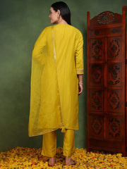 Women Mustard Silk Blend Solid Yoke Design Straight Kurta Trouser With Dupatta