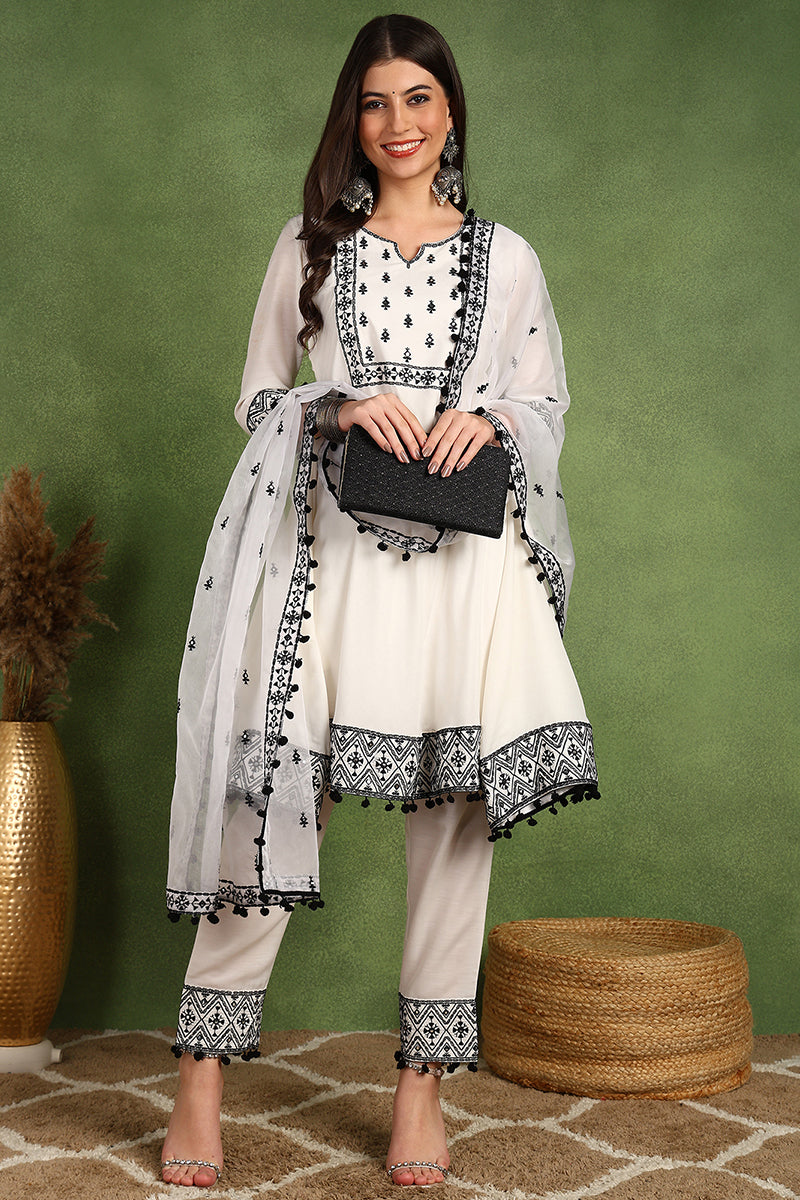 White Silk Blend Embroidered Thread Work A-Line Trouser Suit Set PKSKD