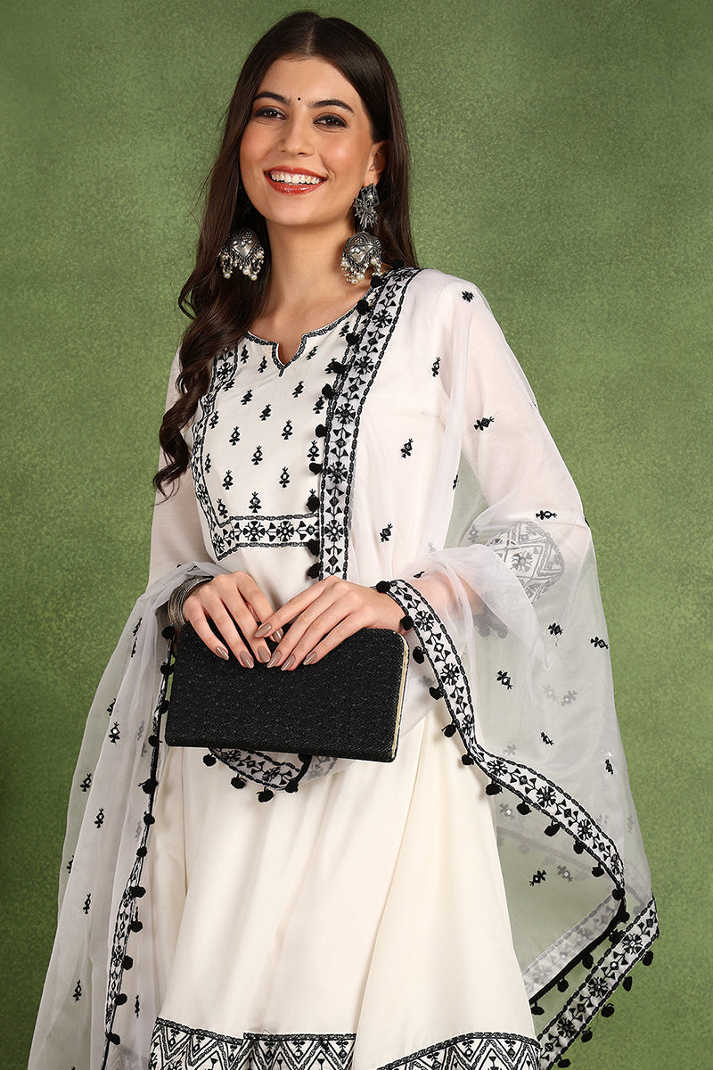 White Silk Blend Embroidered Thread Work A-Line Trouser Suit Set PKSKD