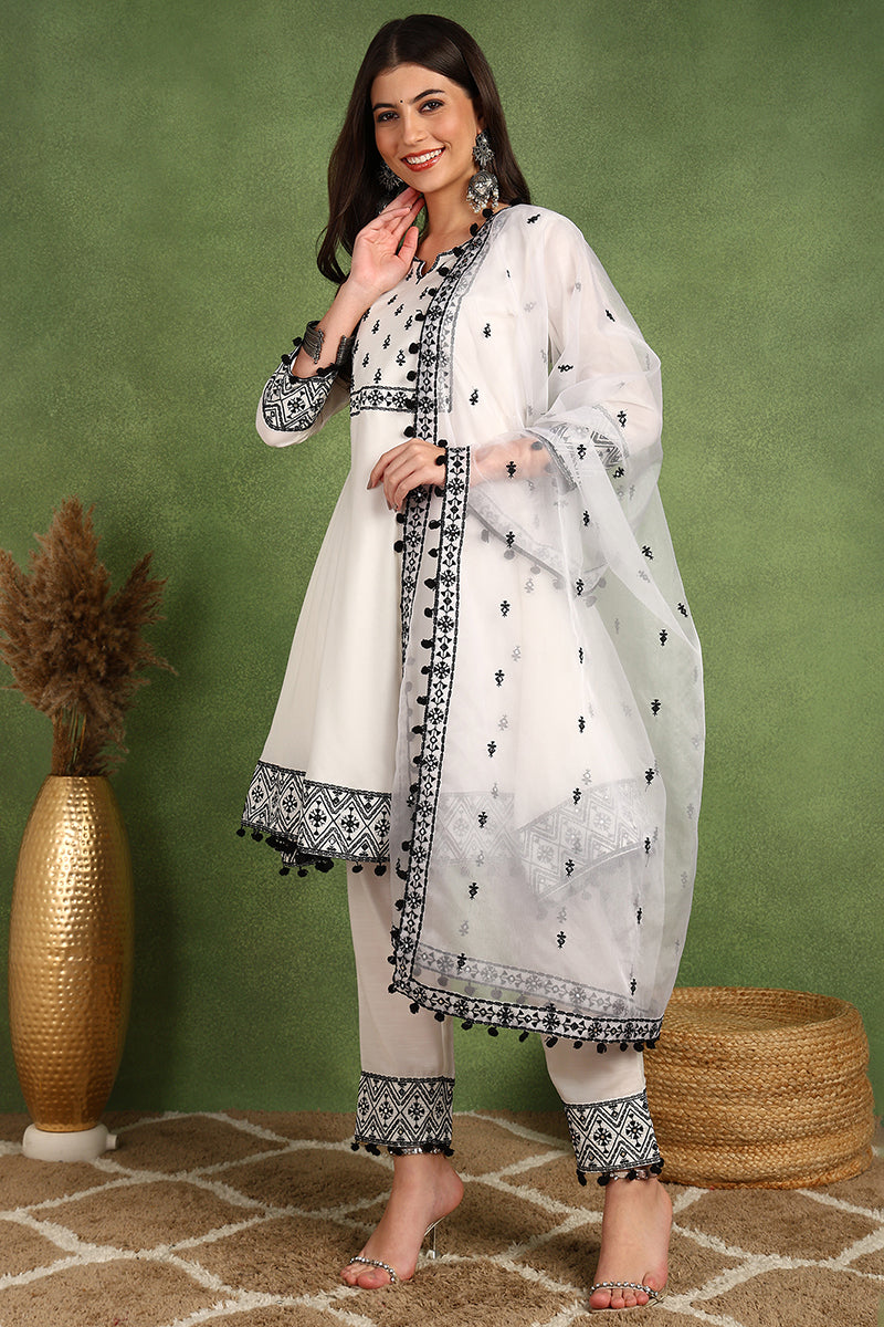 White Silk Blend Embroidered Thread Work A-Line Trouser Suit Set PKSKD