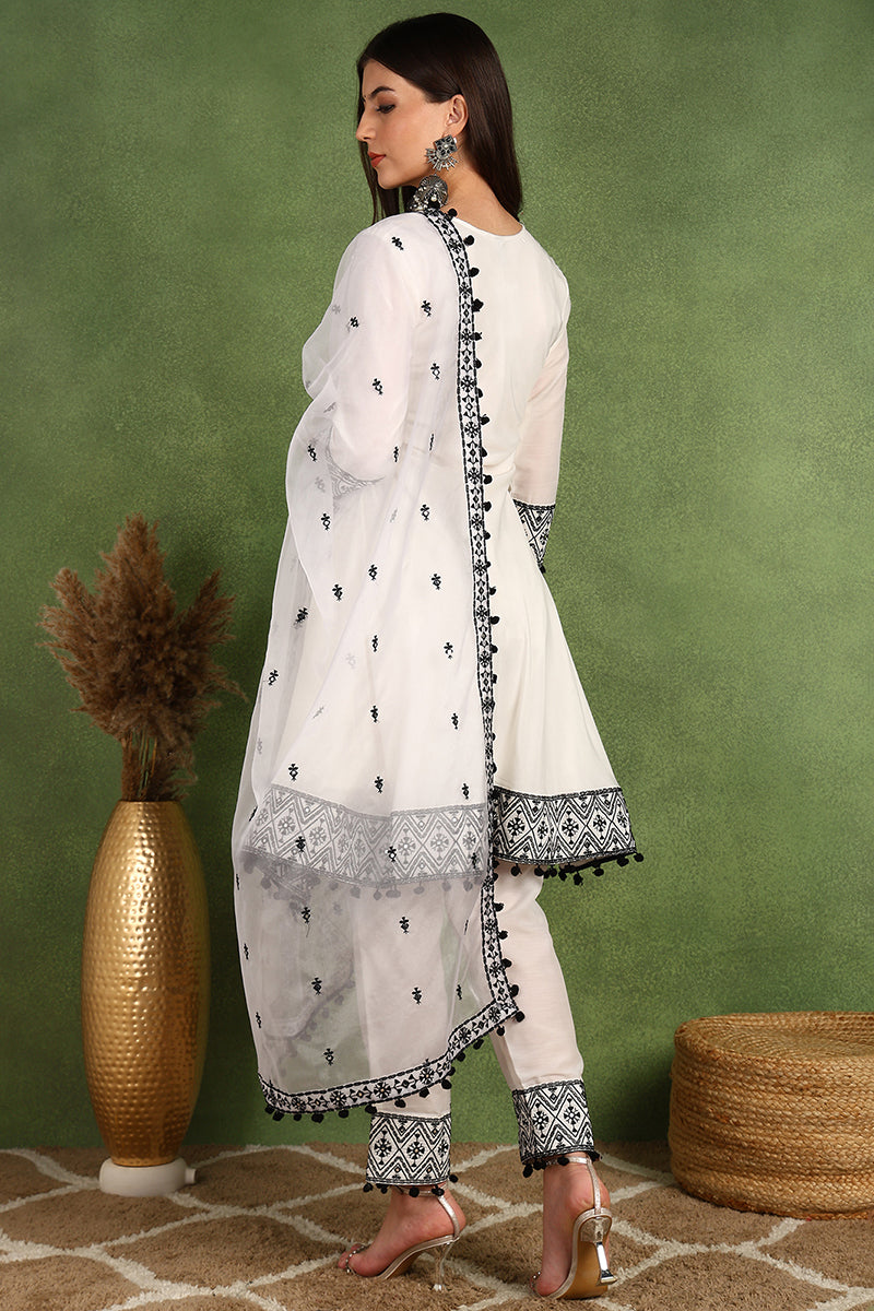 White Silk Blend Embroidered Thread Work A-Line Trouser Suit Set PKSKD