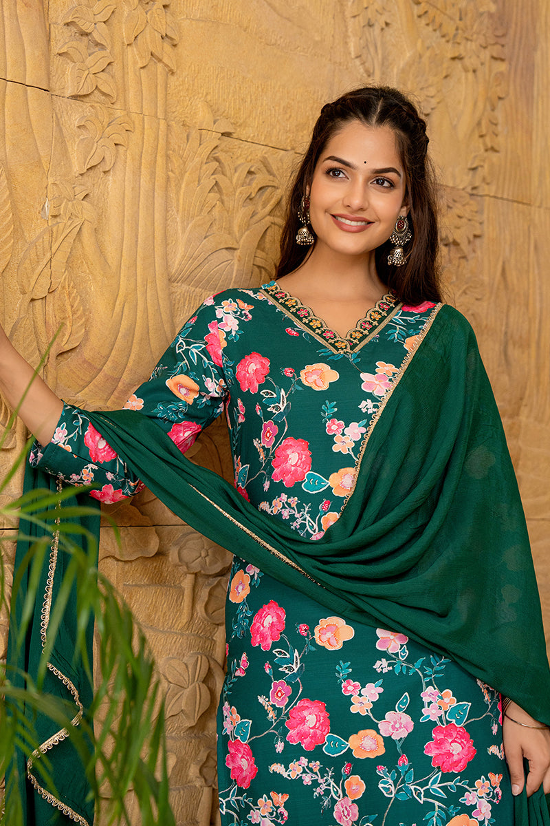 Green Rayon Blend Floral Printed Straight Trouser Suit Set PKSKD2510GR