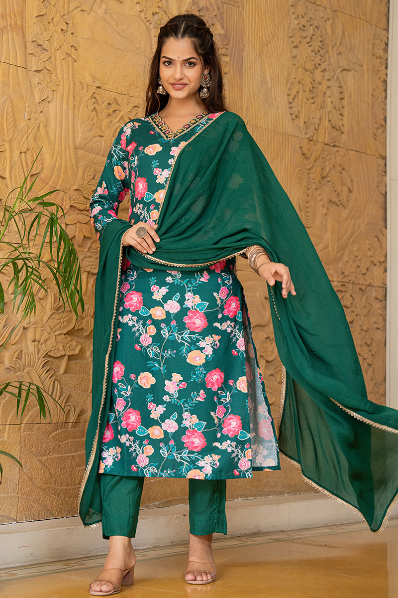 Green Rayon Blend Floral Printed Straight Trouser Suit Set PKSKD2510GR