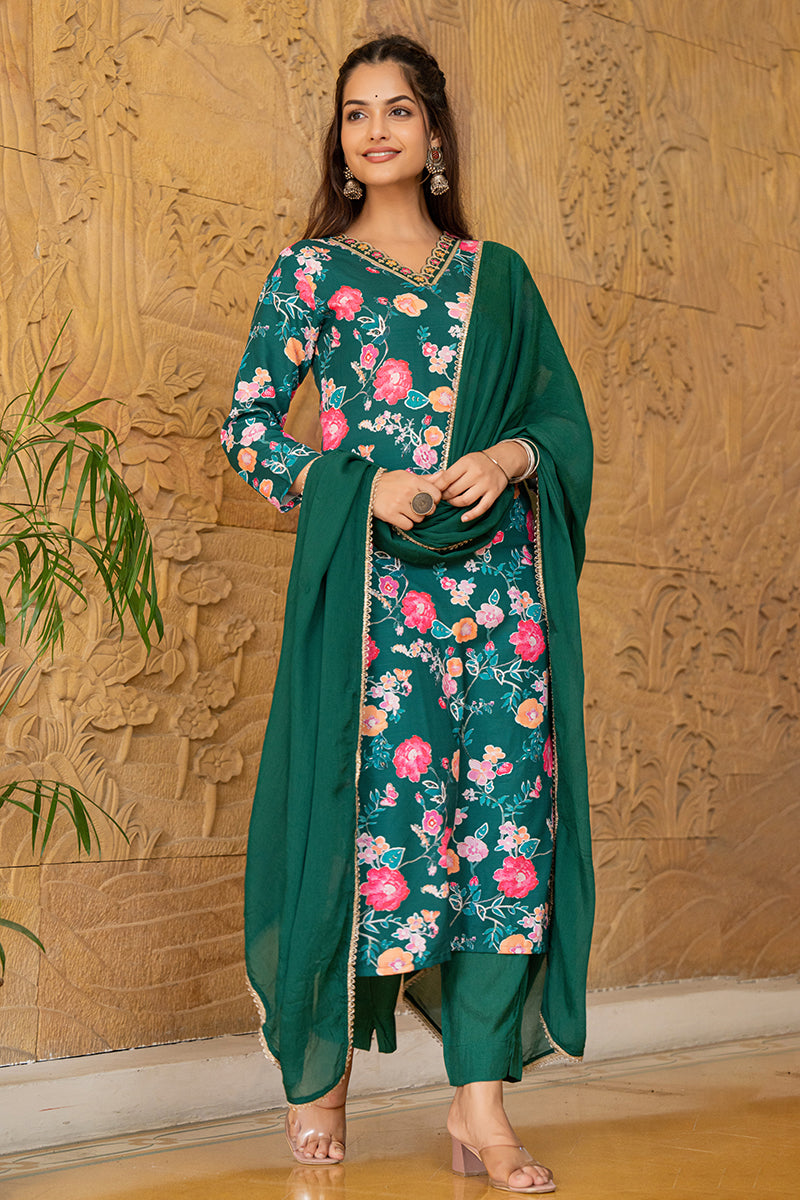 Green Rayon Blend Floral Printed Straight Trouser Suit Set PKSKD2510GR