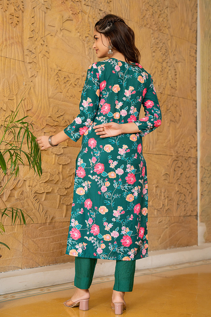 Green Rayon Blend Floral Printed Straight Trouser Suit Set PKSKD2510GR