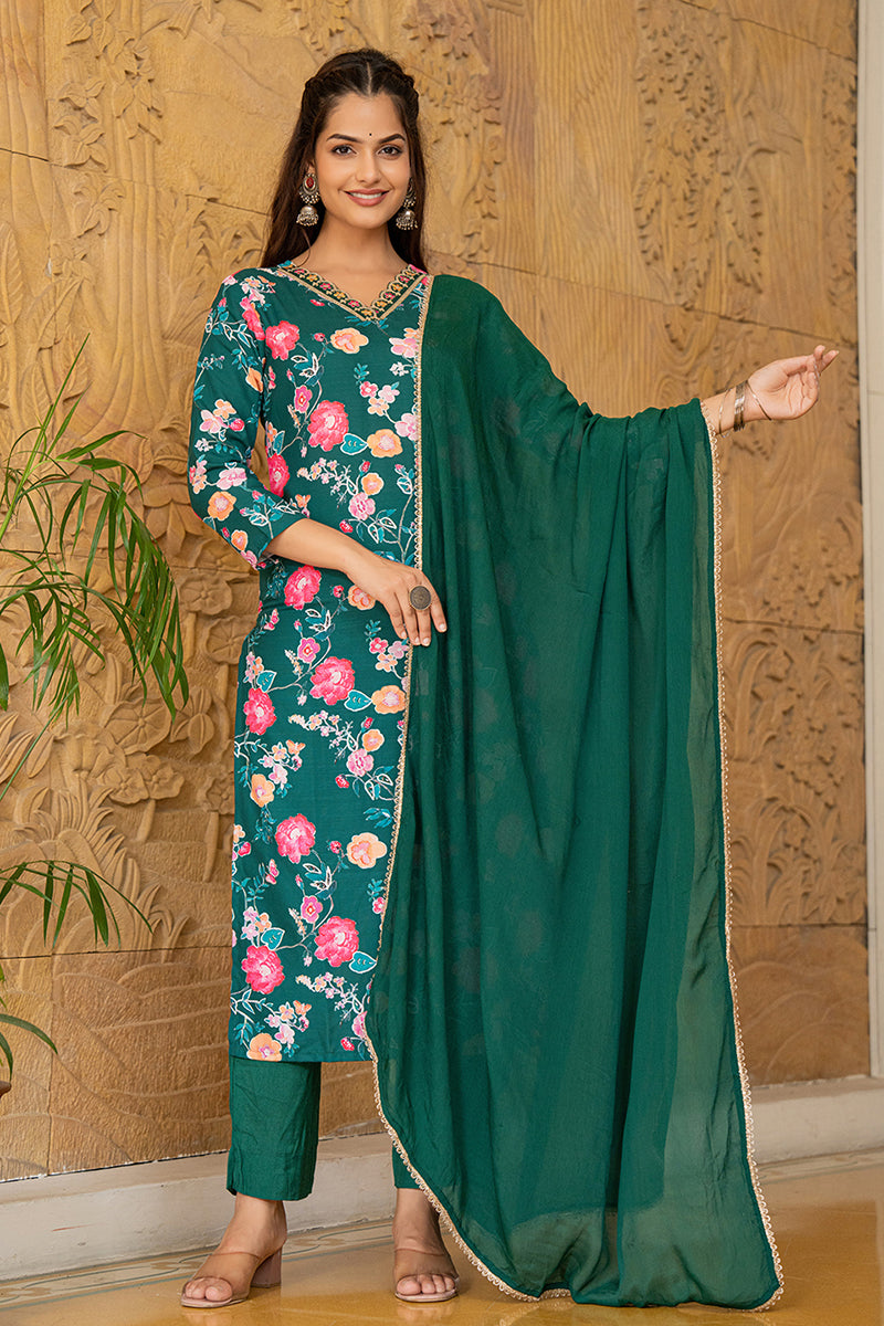Green Rayon Blend Floral Printed Straight Trouser Suit Set PKSKD2510GR