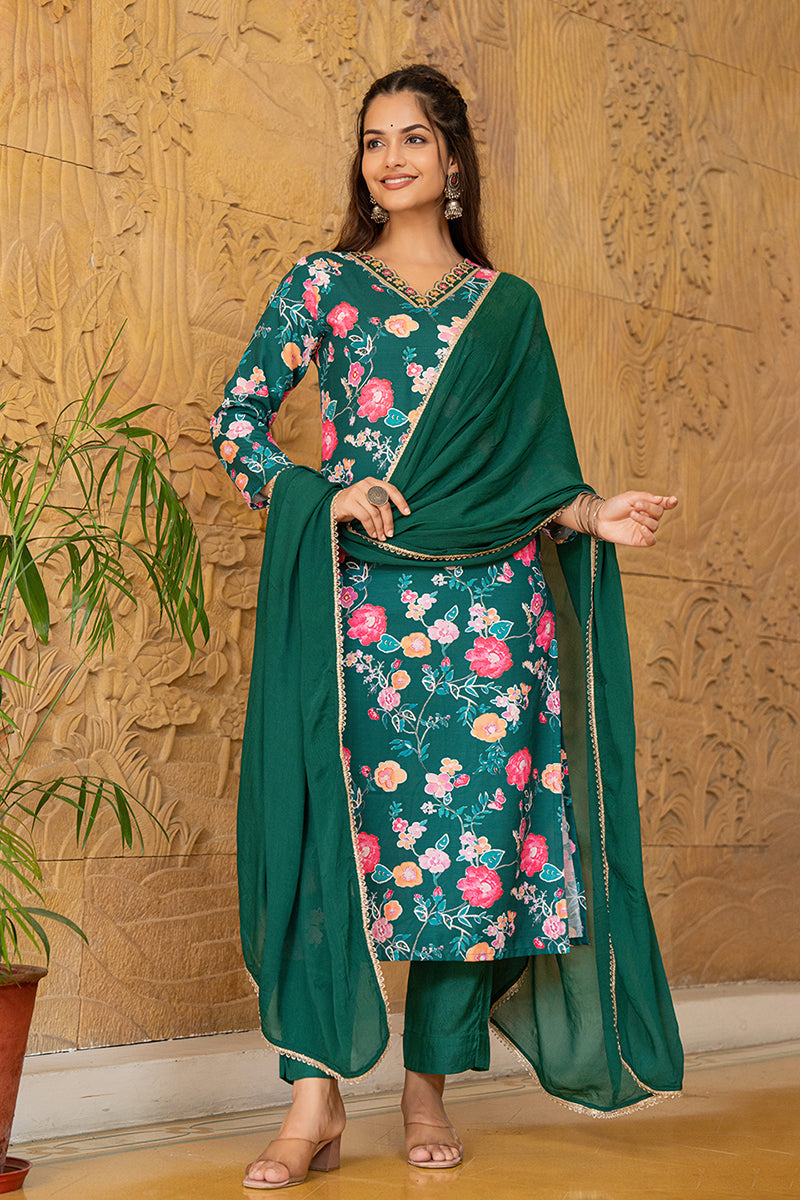 Green Rayon Blend Floral Printed Straight Trouser Suit Set PKSKD2510GR