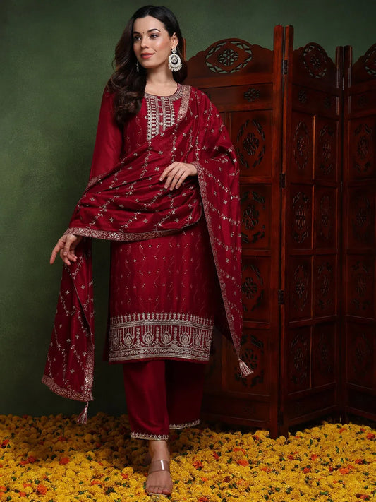 Women Maroon Silk Blend Solid Embroidered Straight Kurta Trouser With Dupatta 1080