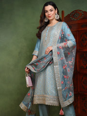 Women Blue Viscose Rayon Woven Design Embroidered Straight Kurta Trouser With Dupatta