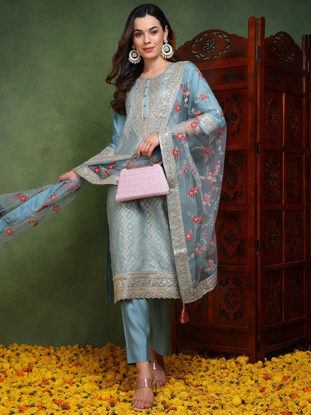 Blue Embroidered Kurta Trouser Dupatta Set | Indian Kurta Sets