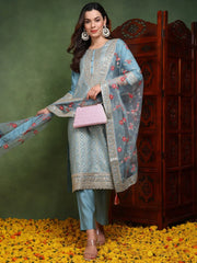 Women Blue Viscose Rayon Woven Design Embroidered Straight Kurta Trouser With Dupatta