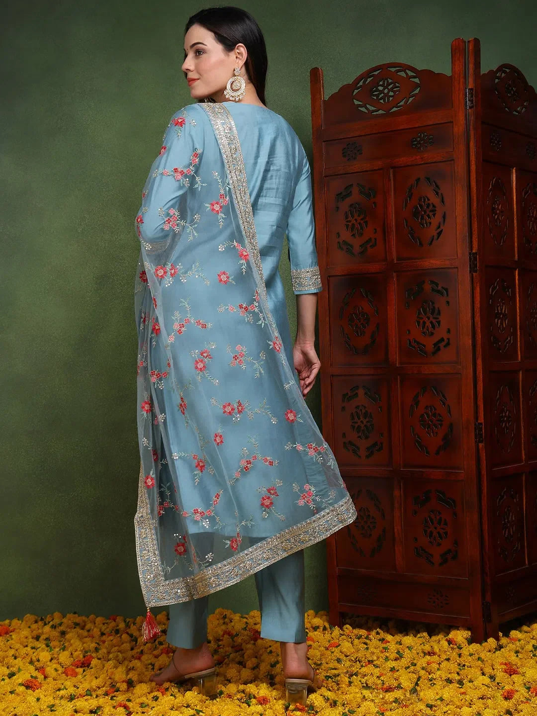 Blue Embroidered Kurta Trouser Dupatta Set | Indian Kurta Sets