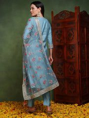 Women Blue Viscose Rayon Woven Design Embroidered Straight Kurta Trouser With Dupatta