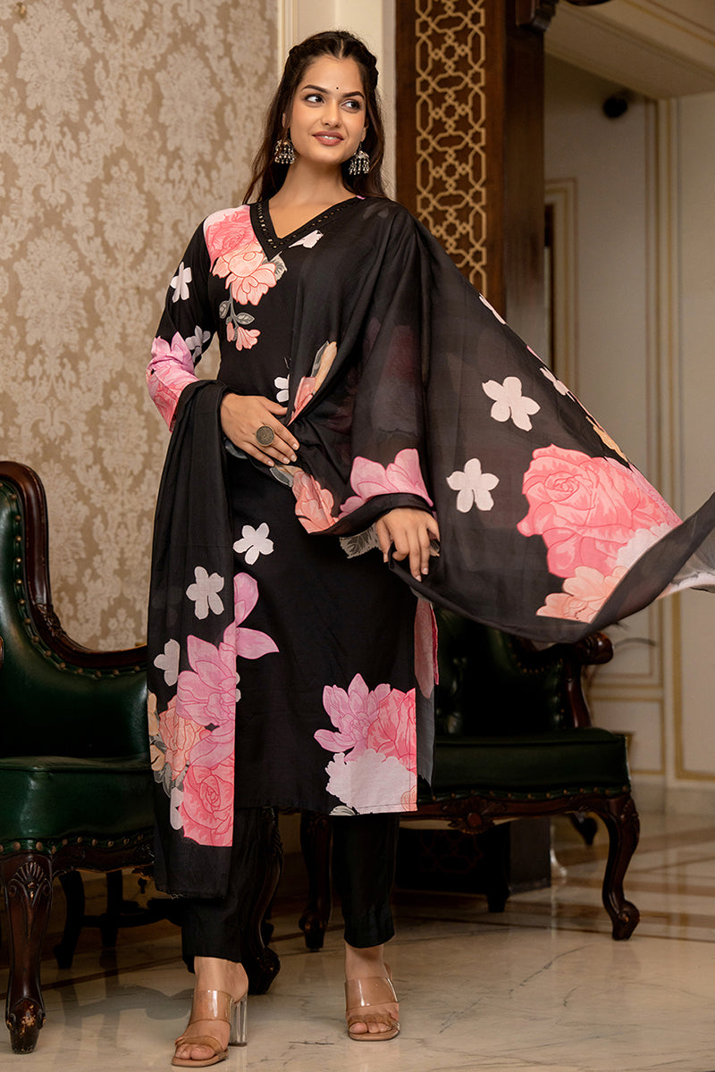 Black Rayon Blend Floral Printed Straight Trouser Suit Set PKSKD2514BL