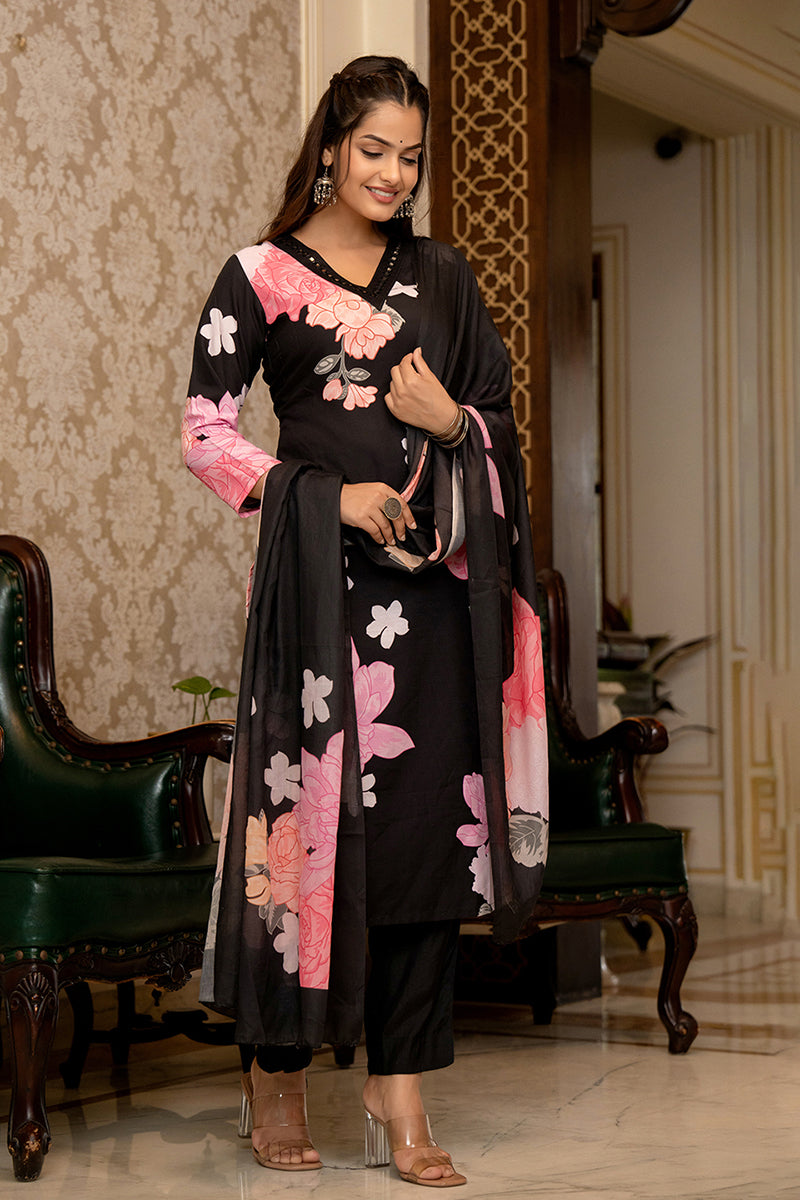 Black Rayon Blend Floral Printed Straight Trouser Suit Set PKSKD2514BL