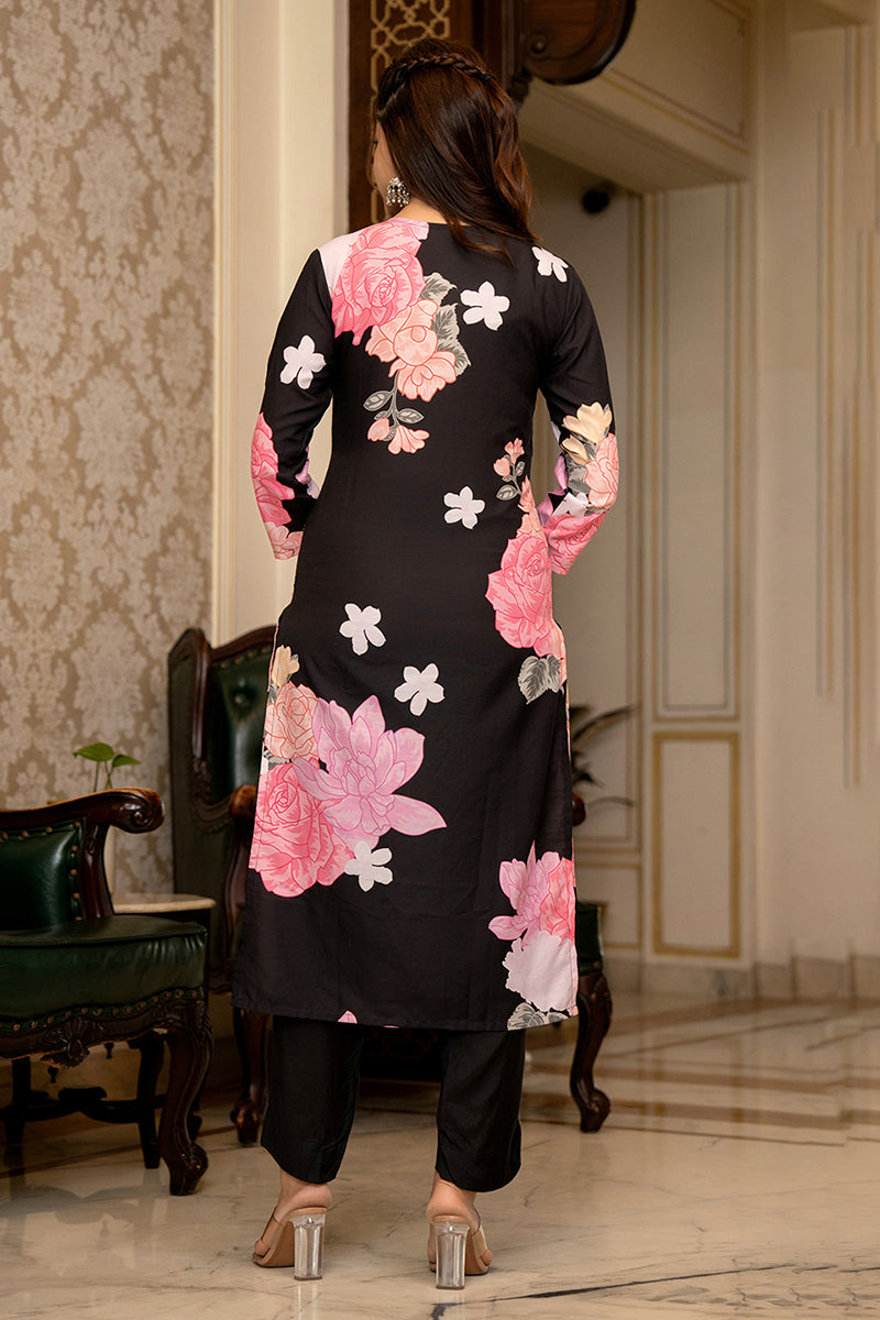 Black Rayon Blend Floral Printed Straight Trouser Suit Set PKSKD2514BL