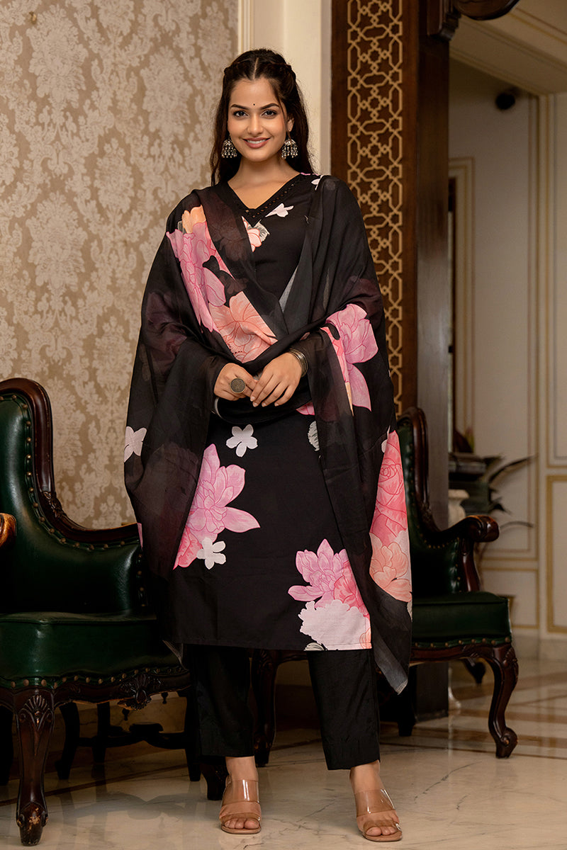 Black Rayon Blend Floral Printed Straight Trouser Suit Set PKSKD2514BL