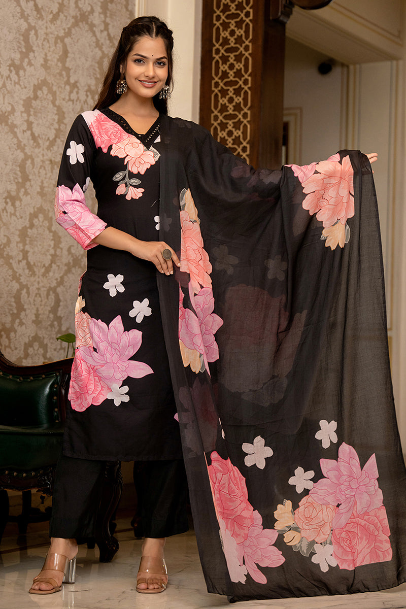 Black Rayon Blend Floral Printed Straight Trouser Suit Set PKSKD2514BL