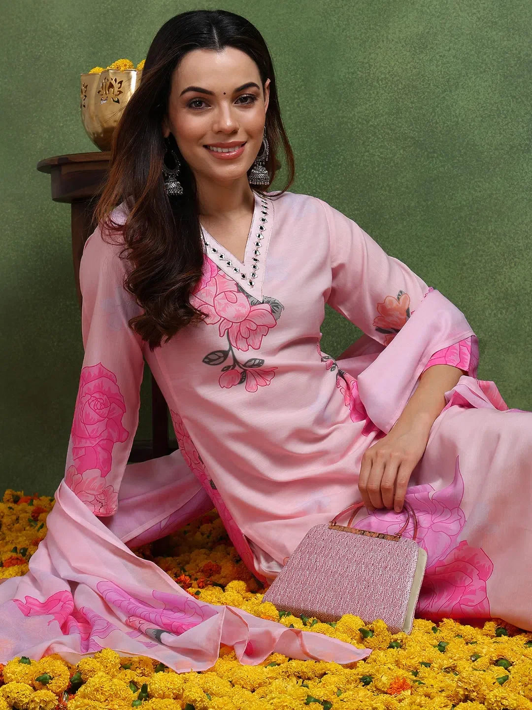 Cream Floral Printed Cotton Kurta Set with Dupatta | Women's K...