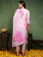 Women Cream Cotton Blend Floral Printed Straight Kurta Trouser With Dupatta