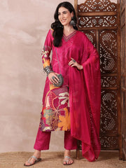 Women Pink Silk Blend Floral Printed Straight Kurta Trouser With Dupatta-PKSKD2518PNK