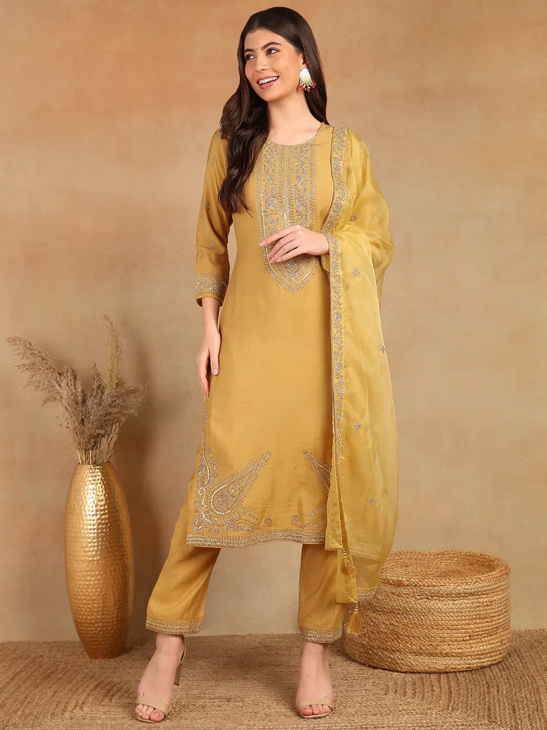 Gold Embroidered Women's Kurta Set with Dupatta | Indian Kurta