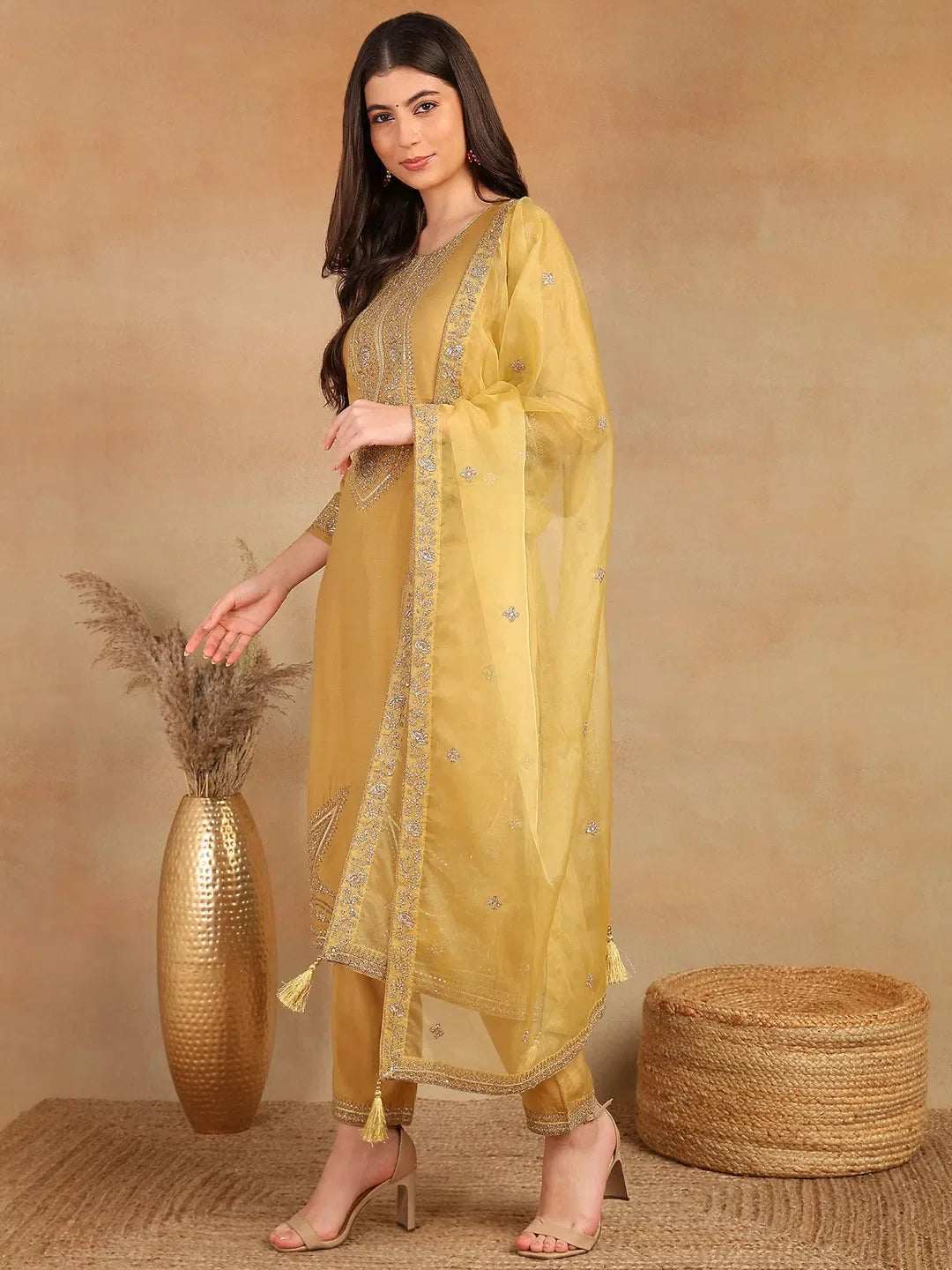 Gold Embroidered Women's Kurta Set with Dupatta | Indian Kurta