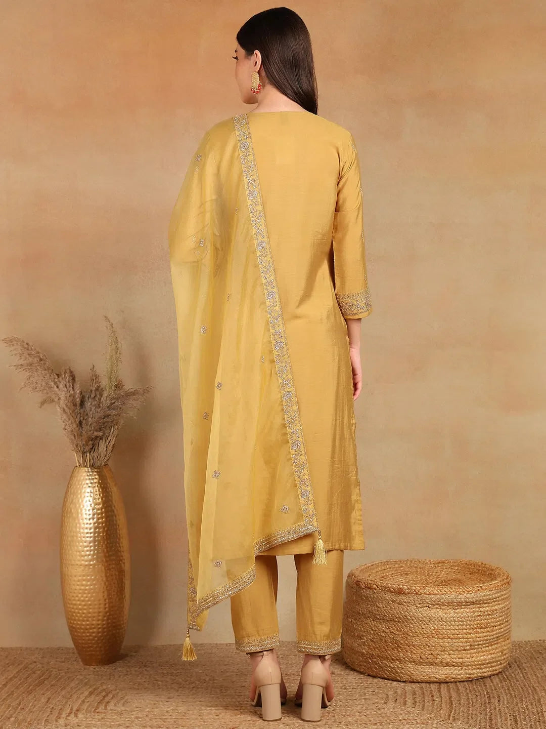Gold Embroidered Women's Kurta Set with Dupatta | Indian Kurta