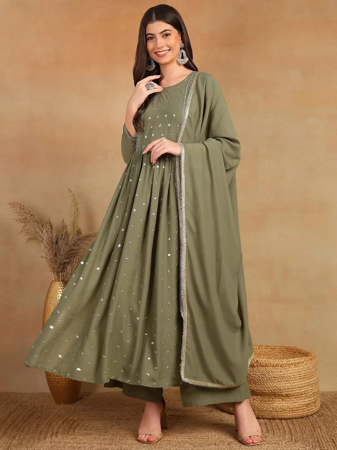 Olive Embroidered Kurta Palazzo Set for Women | Georgette