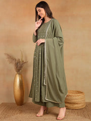Women Olive Georgette Solid Embroidered Straight Kurta Palazzo With Dupatta-PKSKD2521OLV