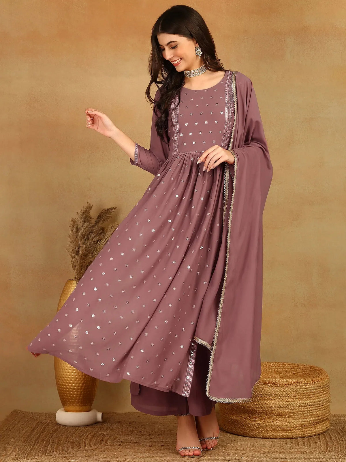 Women Mauve Georgette Solid Embroidered Straight Kurta Palazzo With Dupatta-PKSKD2521PNK