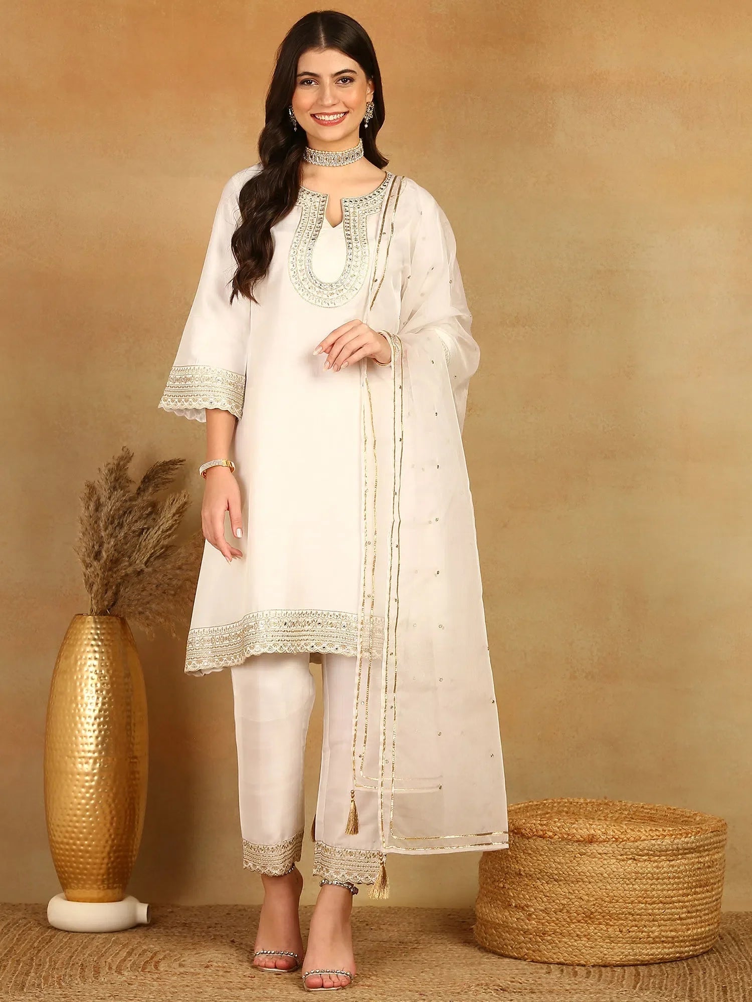 White Embroidered A-Line Kurta Set with Dupatta for Women