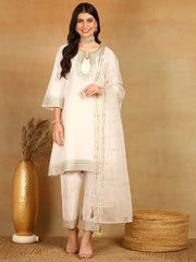 Women White Silk Blend Solid Embroidered A-Line Kurta Trouser With Dupatta-PKSKD2522WHT
