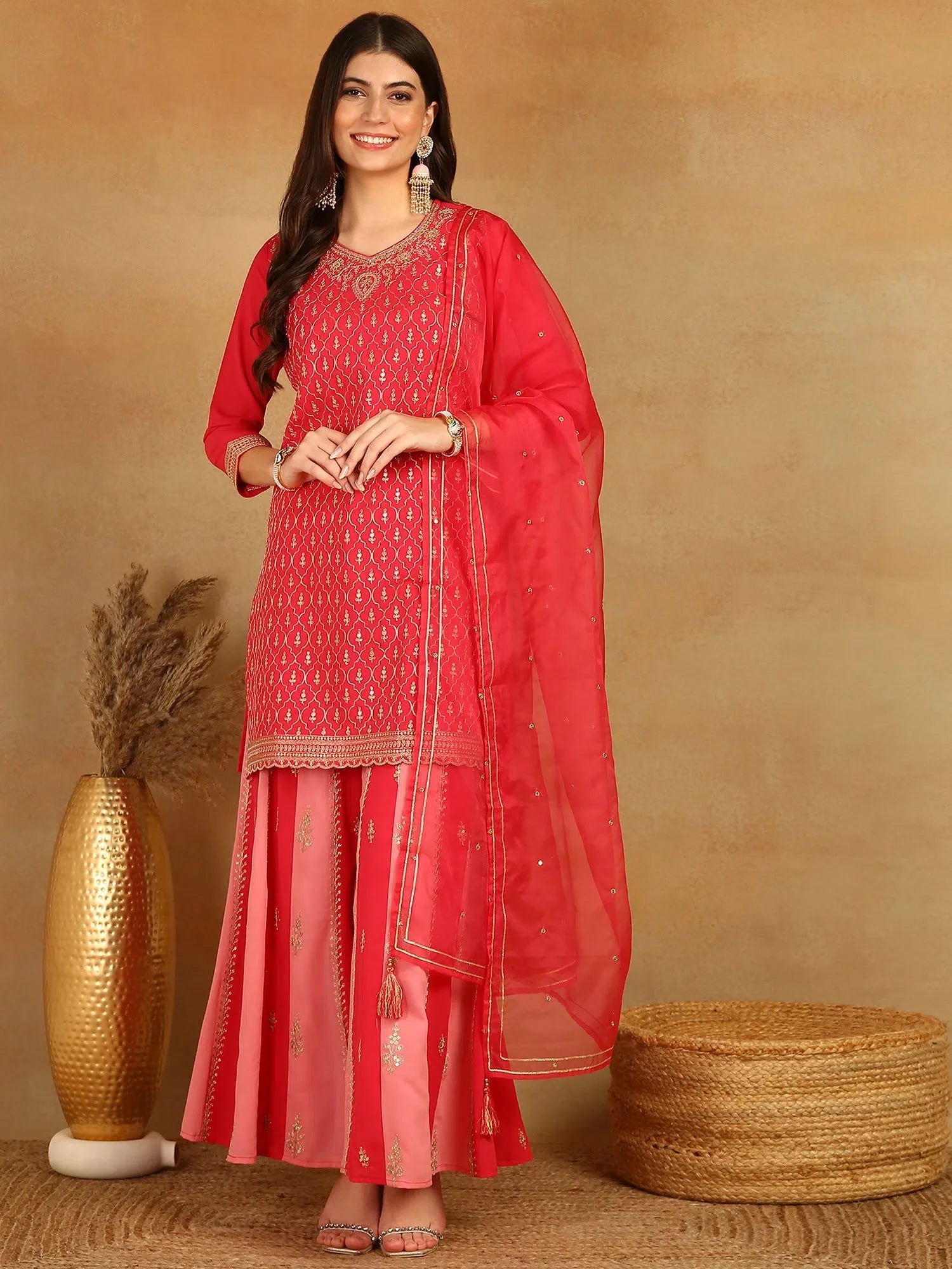 Pink Embroidered Kurta Palazzo Set | Women's Georgette Suit