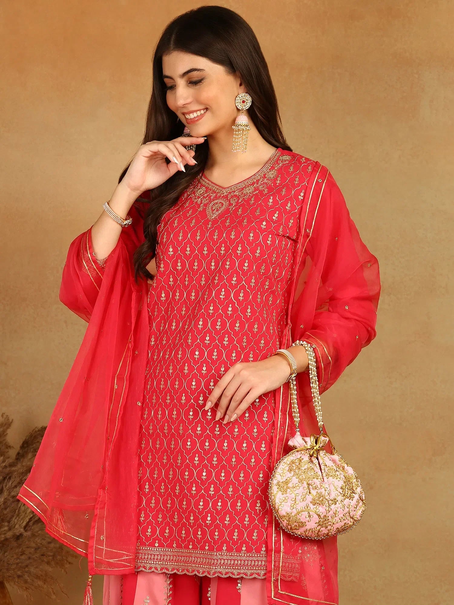 Pink Embroidered Kurta Palazzo Set | Women's Georgette Suit