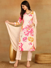 Women Pink Rayon Blend Floral Printed Straight Kurta Trouser With Dupatta-PKSKD2525LPNK