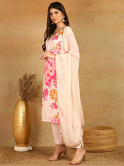 Women Pink Rayon Blend Floral Printed Straight Kurta Trouser With Dupatta-PKSKD2525LPNK