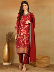 Women Maroon Rayon Blend Floral Printed Straight Kurta Trouser With Dupatta-PKSKD2526MRN