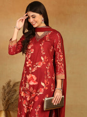 Women Maroon Rayon Blend Floral Printed Straight Kurta Trouser With Dupatta-PKSKD2526MRN