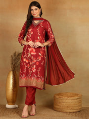Women Maroon Rayon Blend Floral Printed Straight Kurta Trouser With Dupatta-PKSKD2526MRN