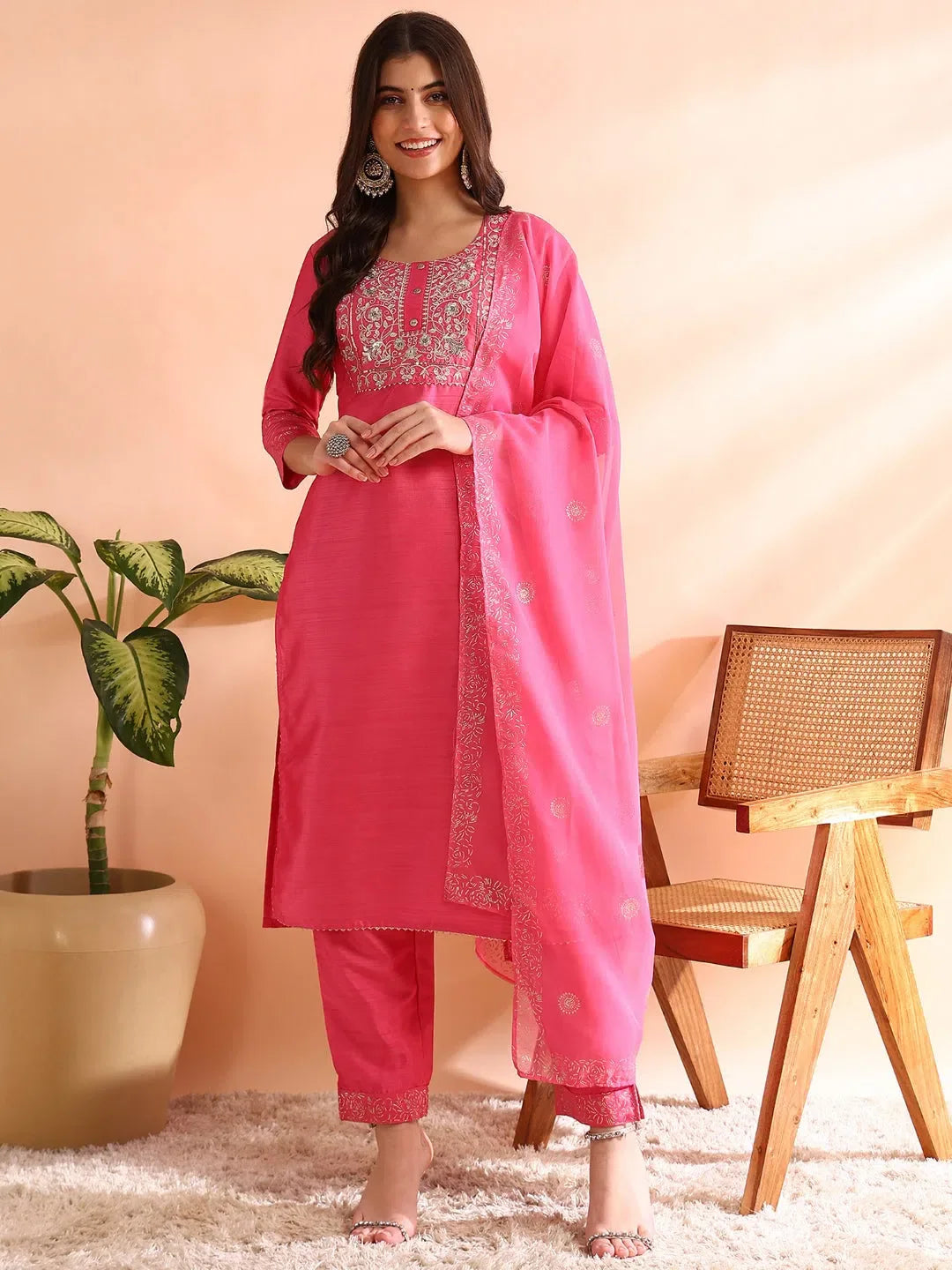 Pink Embroidered Kurta Set With Dupatta | Women's Indian Kurta...