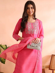 Women Pink Silk Blend Solid Embroidered Straight Kurta Trousers With Dupatta-PKSKD2528PNK