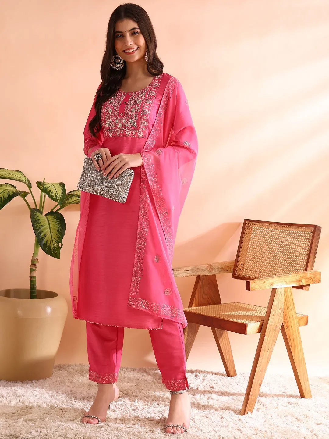 Pink Embroidered Kurta Set With Dupatta | Women's Indian Kurta...