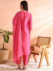 Women Pink Silk Blend Solid Embroidered Straight Kurta Trousers With Dupatta-PKSKD2528PNK