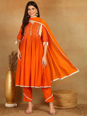 Women Orange Viscose Rayon Solid Embroidered Anarkali Kurta Trouser With Dupatta-PKSKD2529ORG